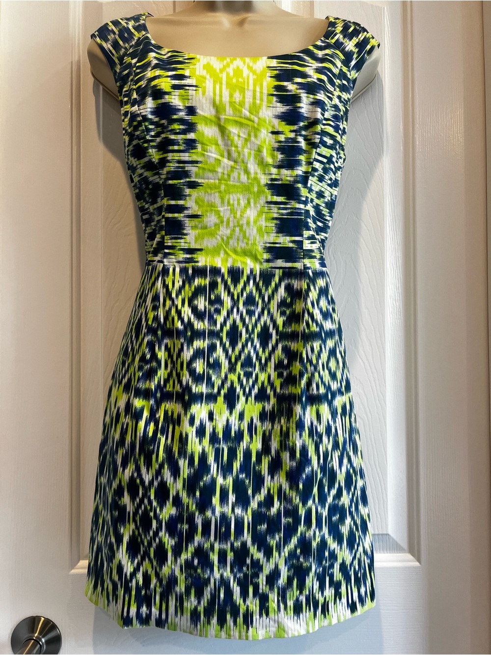 27. Adrianna Papell Ruched Blue and Green Sheath Midi Dress